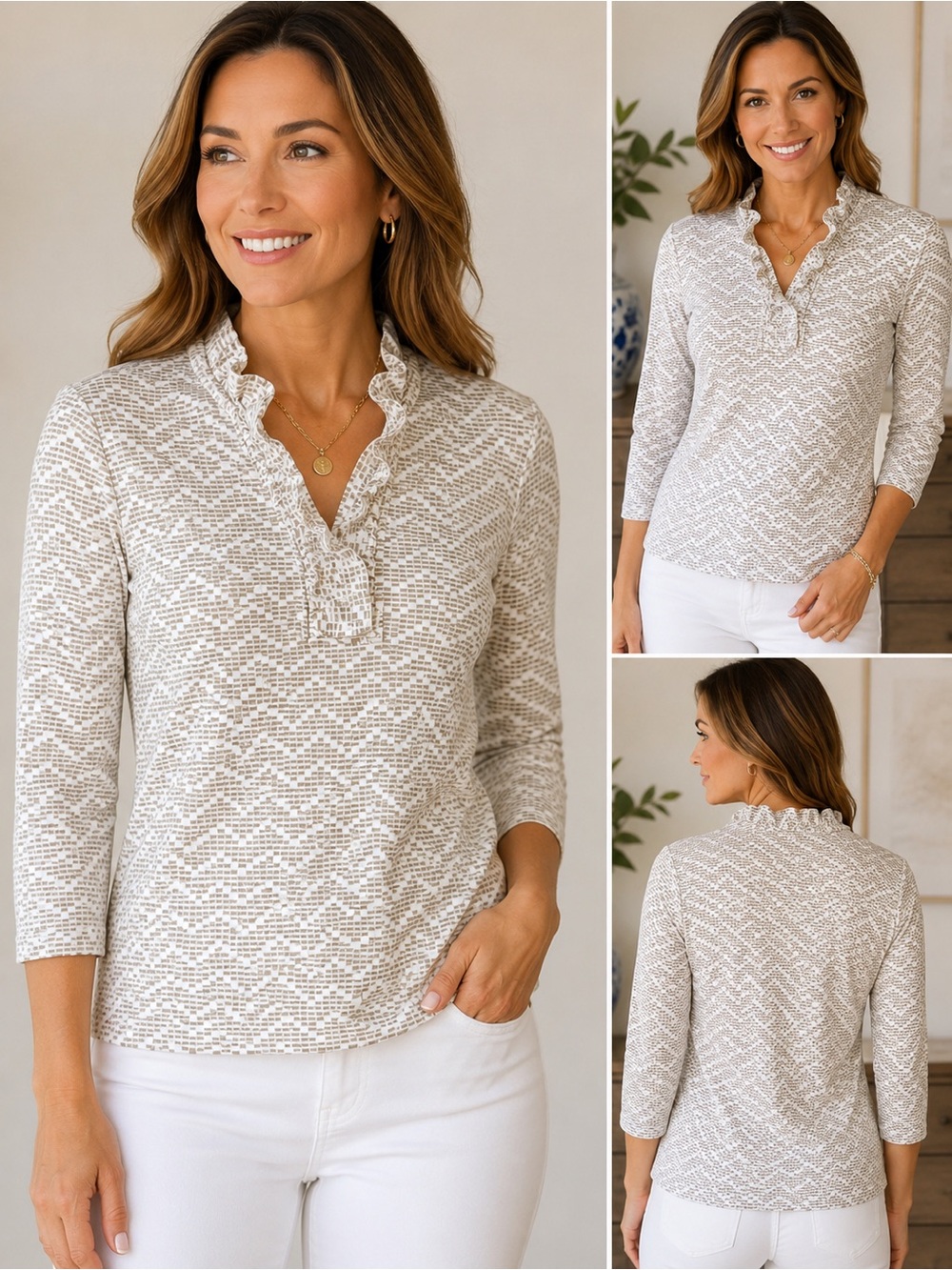 J. McLaughlin Cream Patterned Ruffle Neck 3/4 Sleeve Top